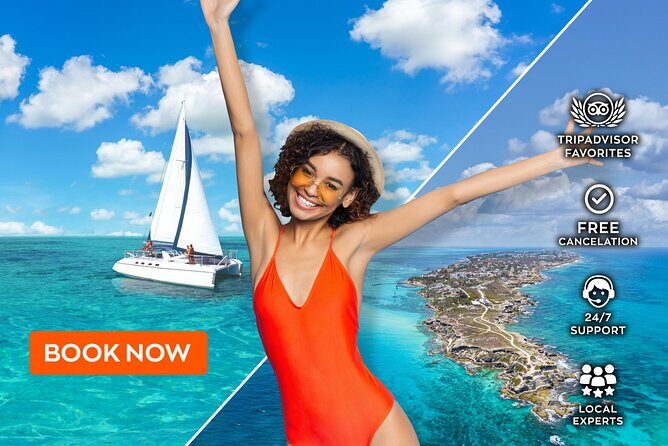Isla Mujeres Premium Tour Transportation & Dock fee Included - The catamaran cruise and the open bar reality check