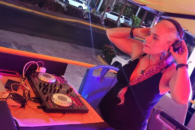Private Party Bus Loop in Cancun - The onboard party setup: lights, smoke, and sound that keep people loose