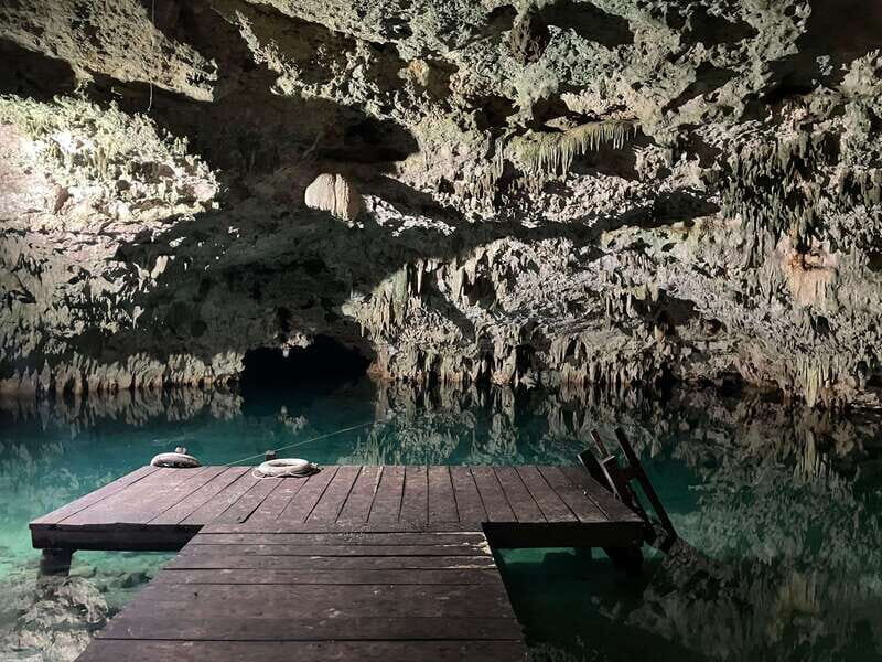 Tulum: Private Tour 2 Cenotes Sac Actun, the longest underground river in the world - Entering Cenote Xunaan Ha: a cavern start with swim time